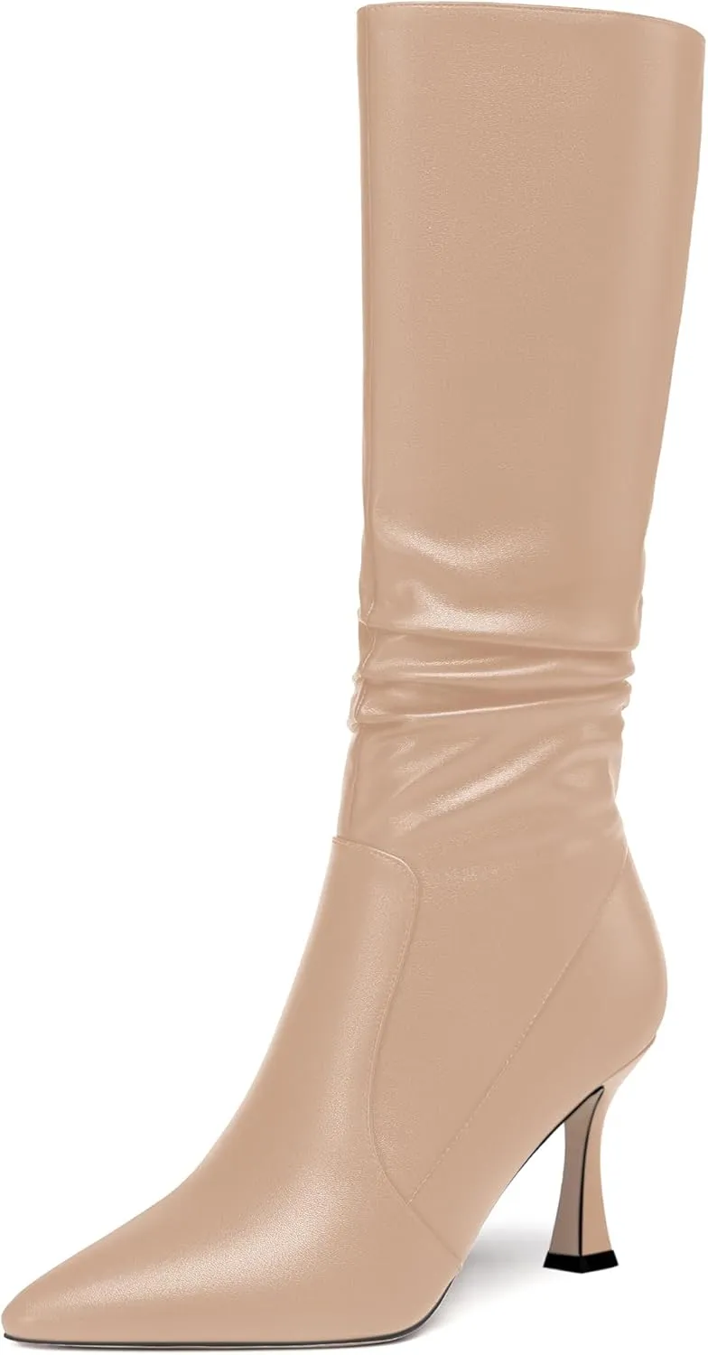 MOVINSTEPS Womens Solid Pointed Toe Matte Dress Zip Stiletto High Heel Boots Mid-Calf 3.3 Inch