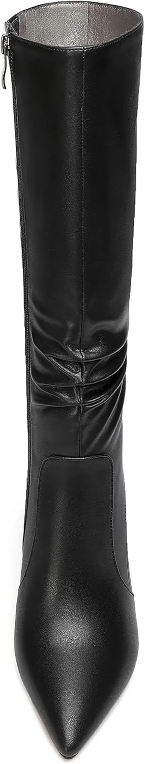 MOVINSTEPS Womens Solid Pointed Toe Matte Dress Zip Stiletto High Heel Boots Mid-Calf 3.3 Inch