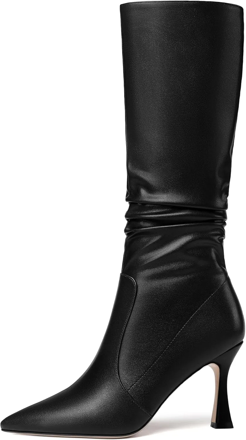 MOVINSTEPS Womens Solid Pointed Toe Matte Dress Zip Stiletto High Heel Boots Mid-Calf 3.3 Inch