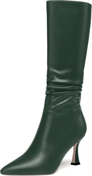 MOVINSTEPS Womens Solid Pointed Toe Matte Dress Zip Stiletto High Heel Boots Mid-Calf 3.3 Inch