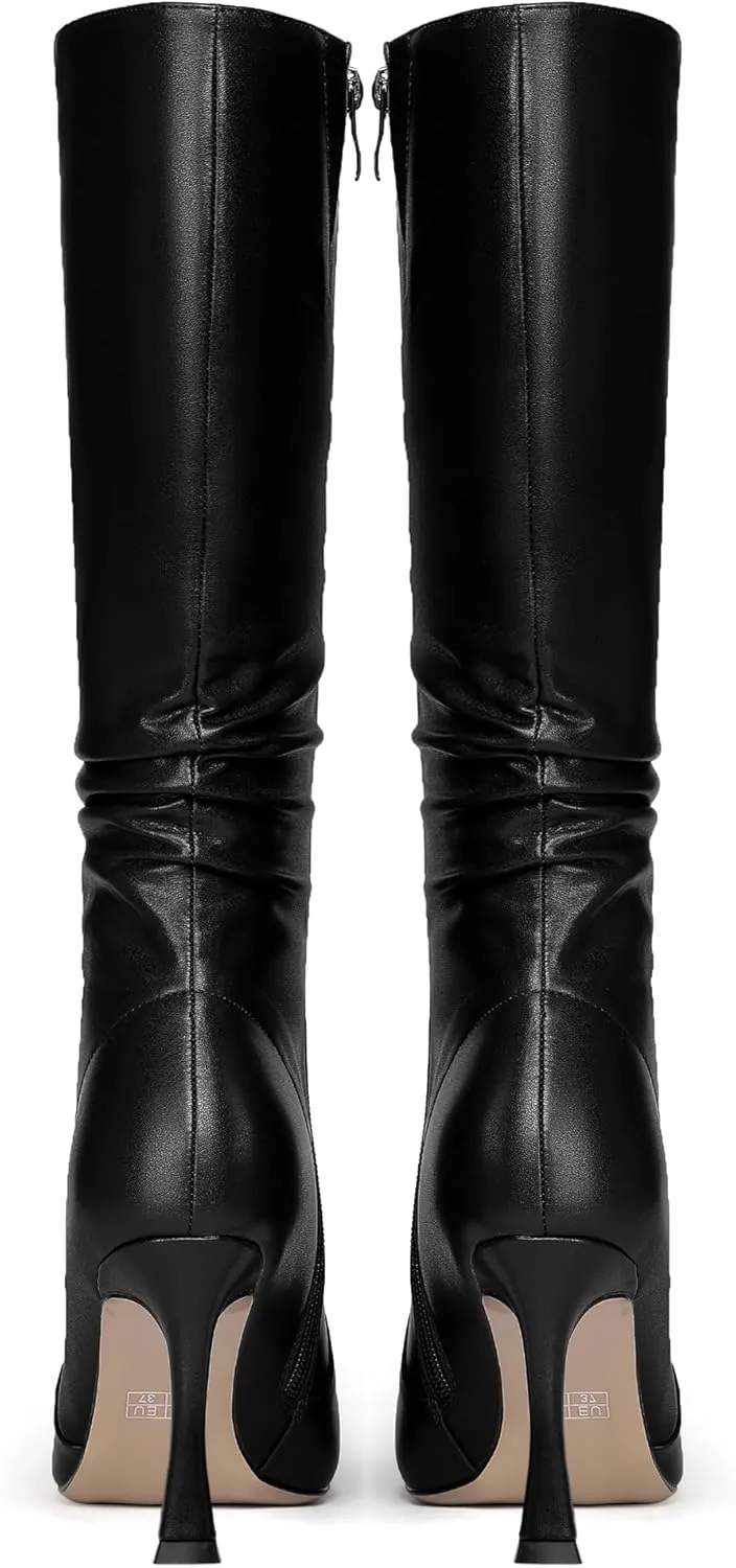 MOVINSTEPS Womens Solid Pointed Toe Matte Dress Zip Stiletto High Heel Boots Mid-Calf 3.3 Inch