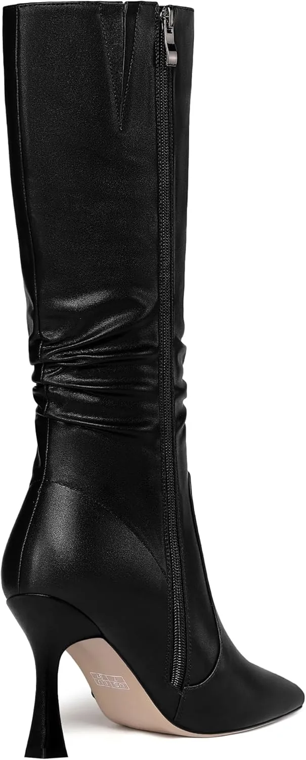 MOVINSTEPS Womens Solid Pointed Toe Matte Dress Zip Stiletto High Heel Boots Mid-Calf 3.3 Inch
