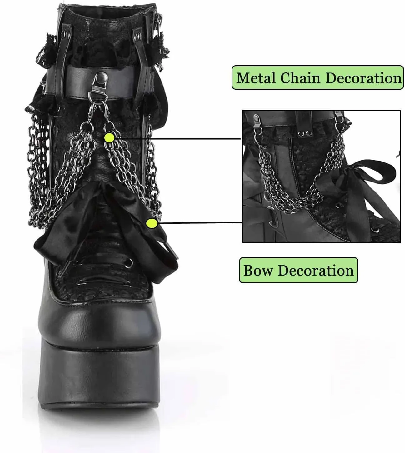 MSYINGL Women Platform Boots,Chunky High Heeled Side Zip Ankle Boots,with Chain and Bow Tie,Fashion Punk Goth Boots