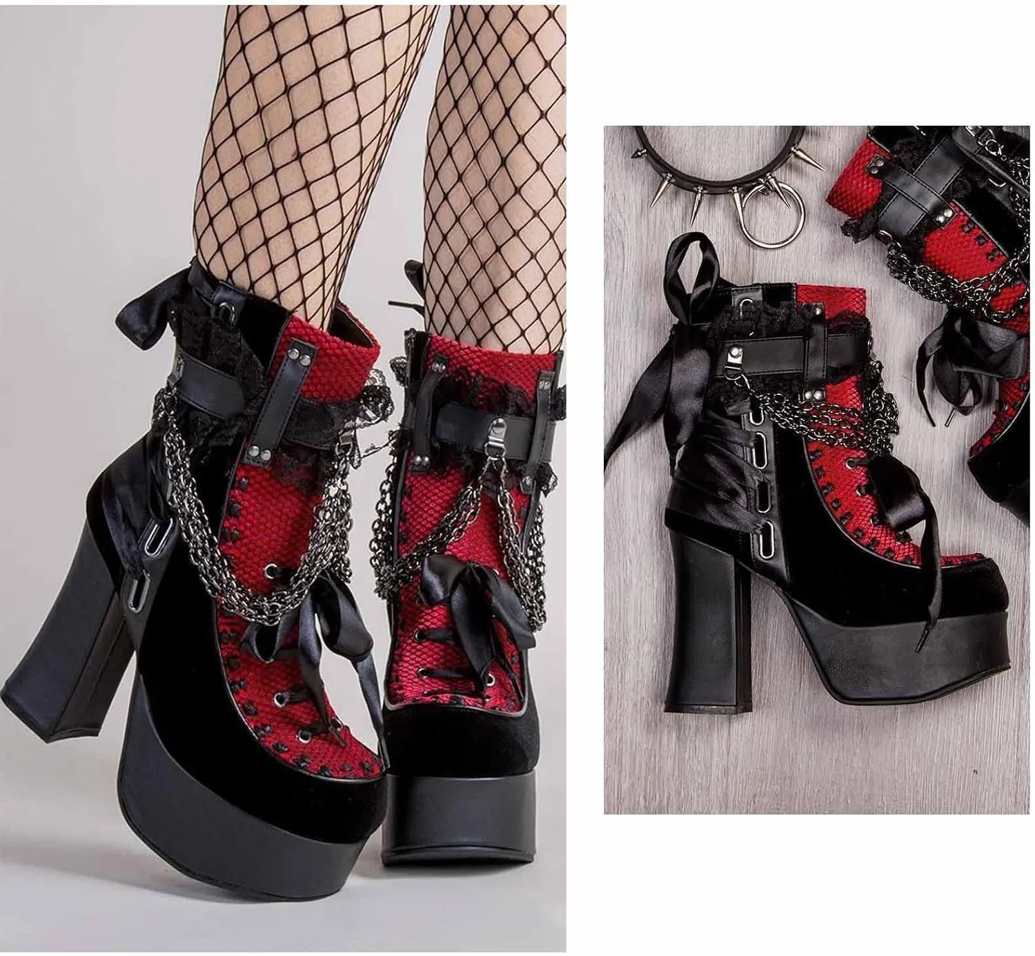 MSYINGL Women Platform Boots,Chunky High Heeled Side Zip Ankle Boots,with Chain and Bow Tie,Fashion Punk Goth Boots