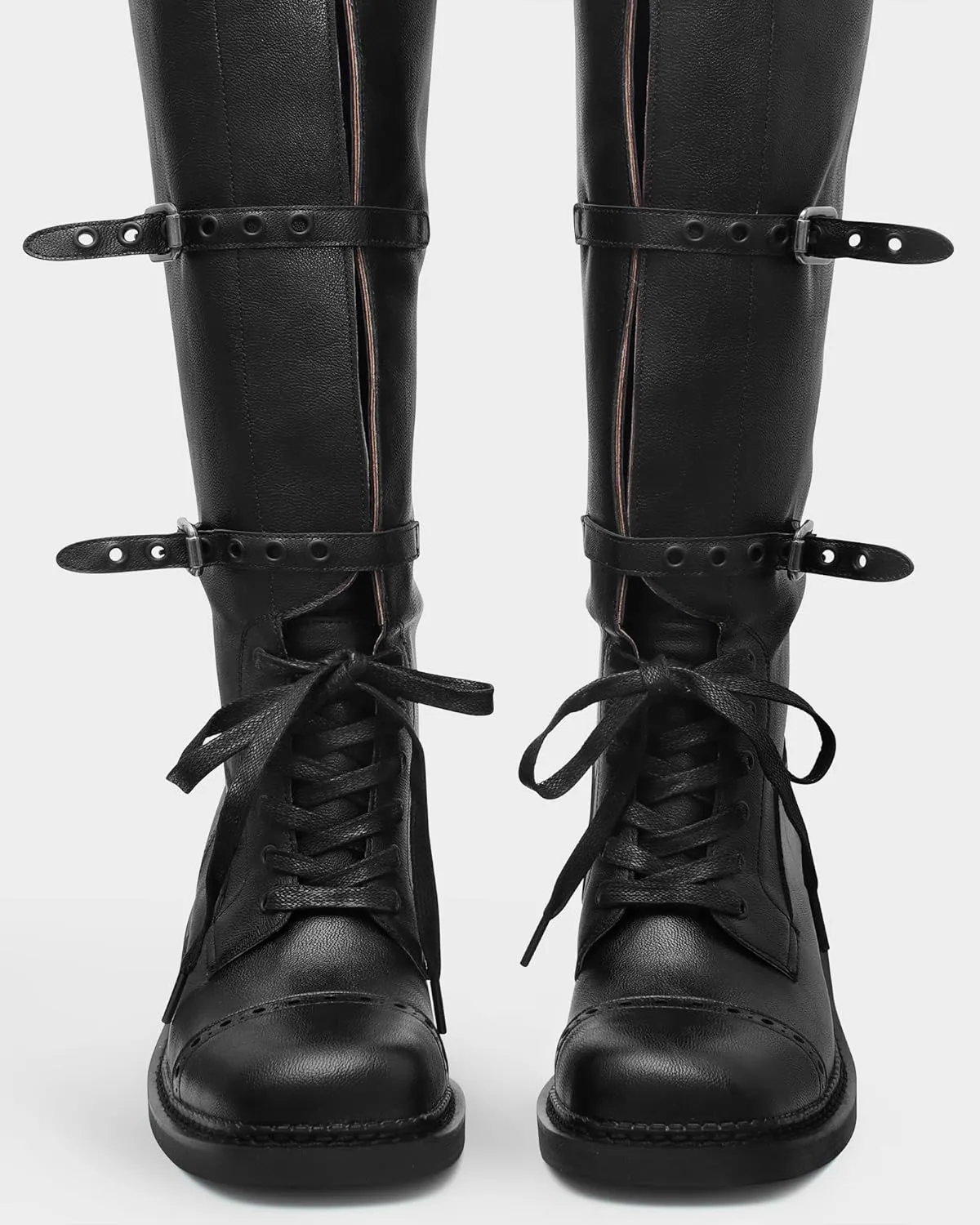 MUCCCUTE Knee High Boots Women Square Toe Low Chunky Heel Boots Riding Boots Motorcycle Buckle Boots