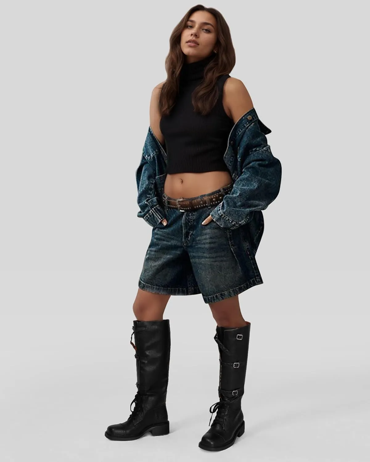MUCCCUTE Knee High Boots Women Square Toe Low Chunky Heel Boots Riding Boots Motorcycle Buckle Boots