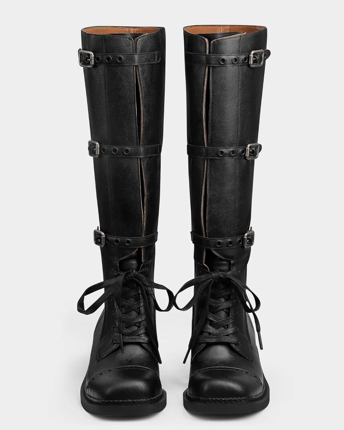MUCCCUTE Knee High Boots Women Square Toe Low Chunky Heel Boots Riding Boots Motorcycle Buckle Boots