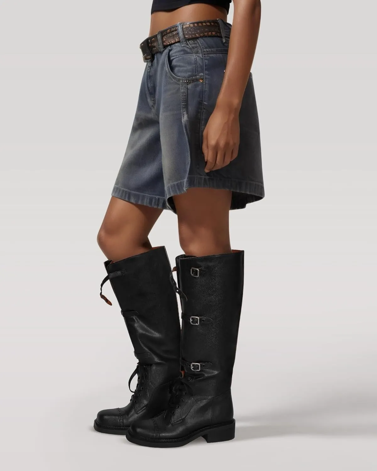 MUCCCUTE Knee High Boots Women Square Toe Low Chunky Heel Boots Riding Boots Motorcycle Buckle Boots