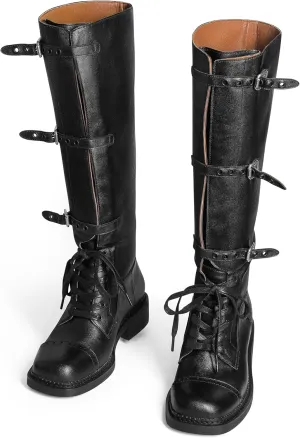 MUCCCUTE Knee High Boots Women Square Toe Low Chunky Heel Boots Riding Boots Motorcycle Buckle Boots