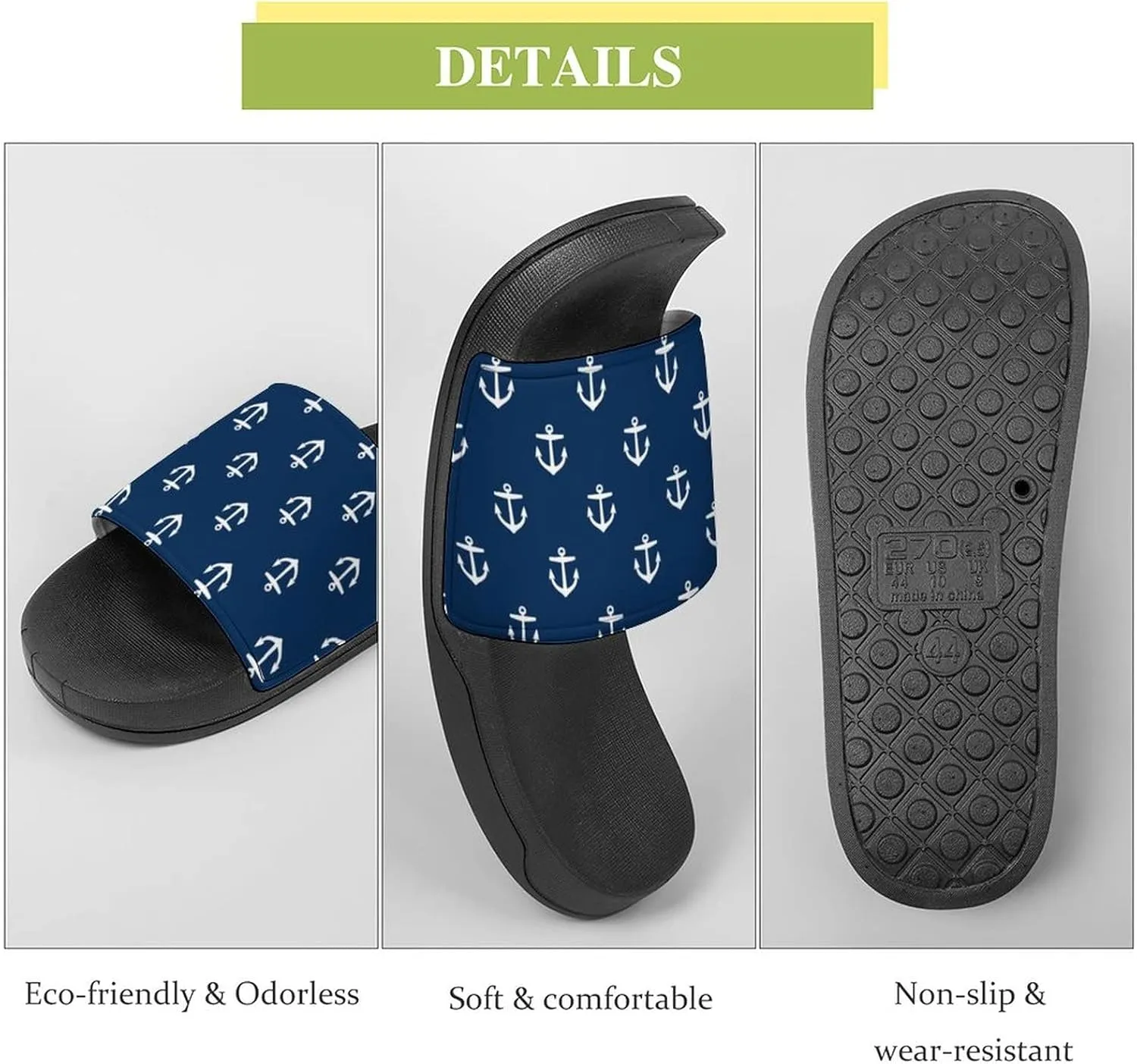 Navy Anchor House Sandals Non-Slip Open Toe Slippers for Massage Shower Spa Bath