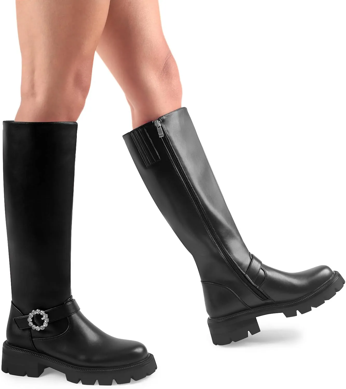 Oh Mispares Womens Round Toe Knee High Boots Chunky Heel Lug Sole Riding Tall Boots Ankle Strap Faux Leather Cute Fall Winter Dress Moto Shoes 2 Inches Heels