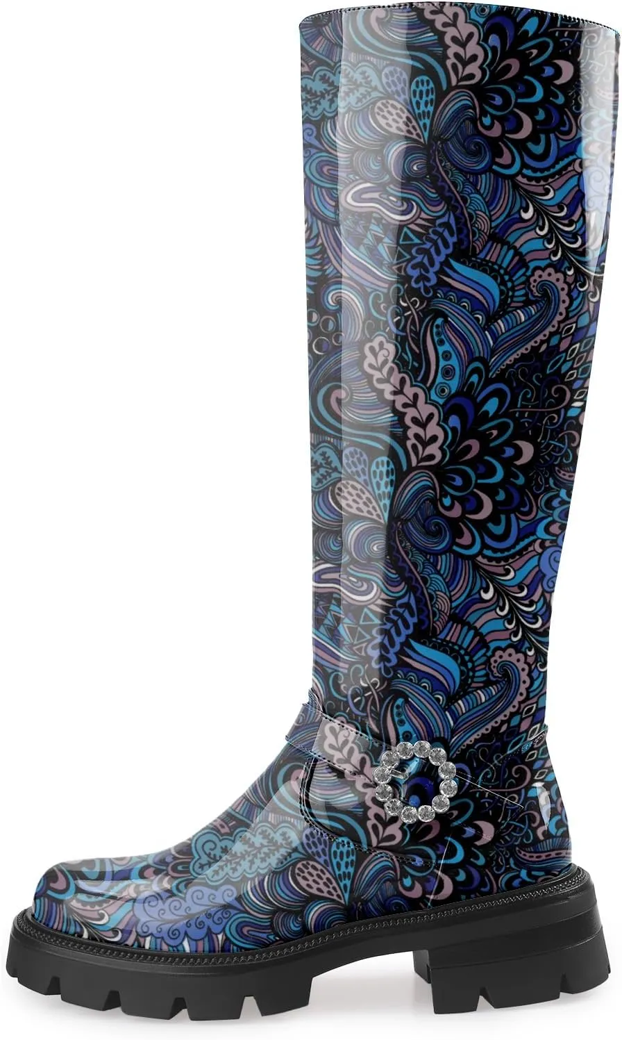 Oh Mispares Womens Round Toe Knee High Boots Chunky Heel Lug Sole Riding Tall Boots Ankle Strap Faux Leather Cute Fall Winter Dress Moto Shoes 2 Inches Heels