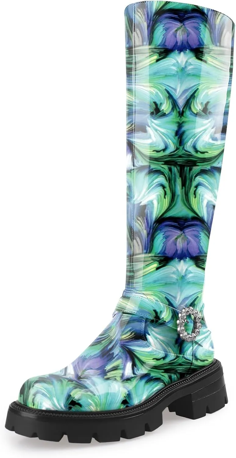 Oh Mispares Womens Round Toe Knee High Boots Chunky Heel Lug Sole Riding Tall Boots Ankle Strap Faux Leather Cute Fall Winter Dress Moto Shoes 2 Inches Heels