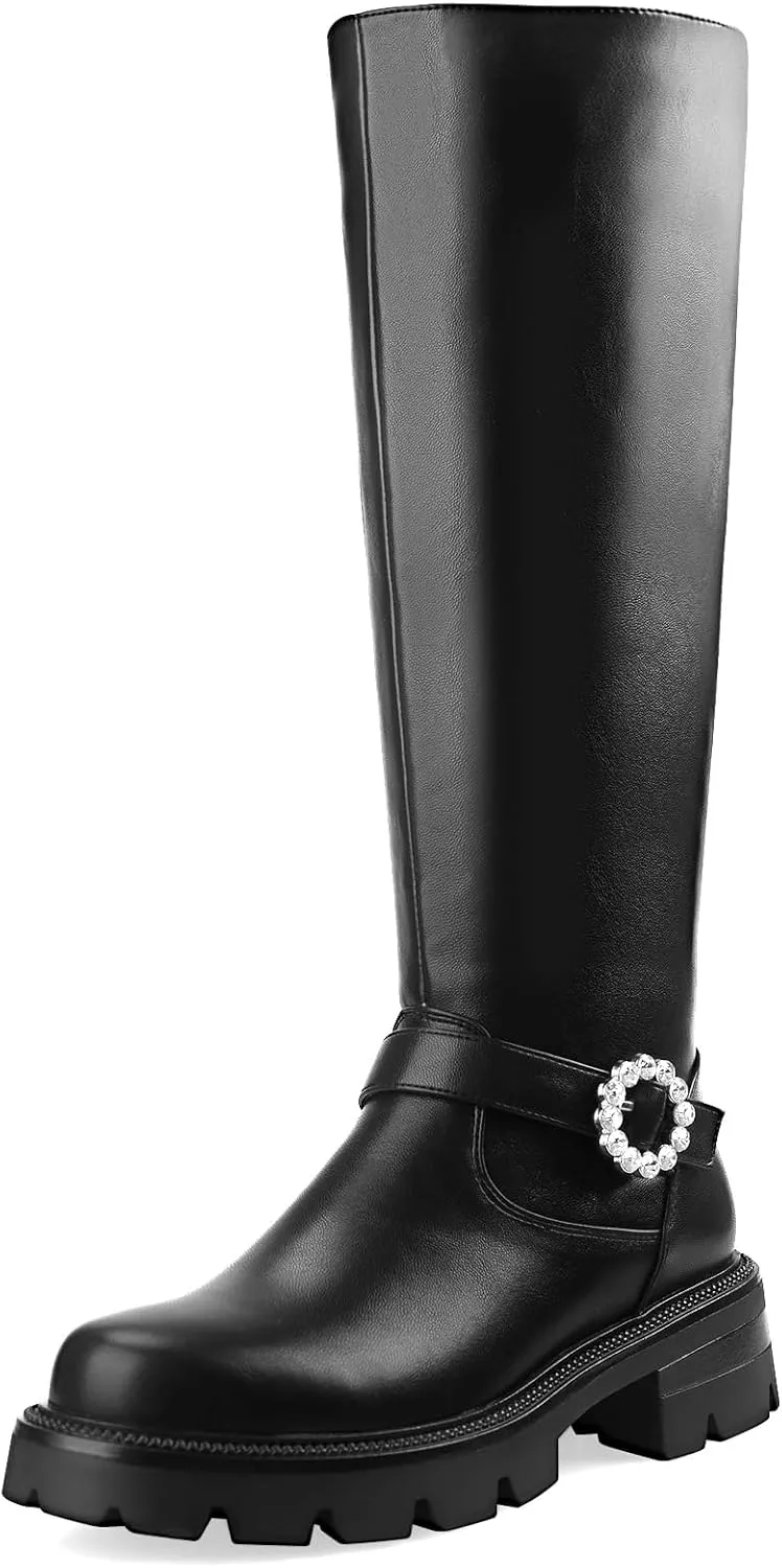 Oh Mispares Womens Round Toe Knee High Boots Chunky Heel Lug Sole Riding Tall Boots Ankle Strap Faux Leather Cute Fall Winter Dress Moto Shoes 2 Inches Heels