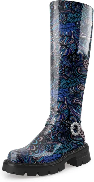 Oh Mispares Womens Round Toe Knee High Boots Chunky Heel Lug Sole Riding Tall Boots Ankle Strap Faux Leather Cute Fall Winter Dress Moto Shoes 2 Inches Heels