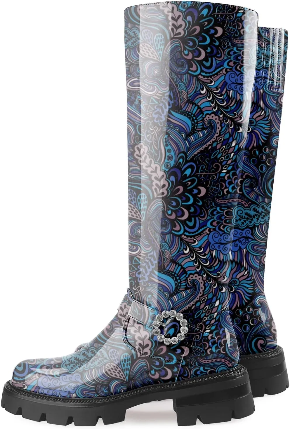 Oh Mispares Womens Round Toe Knee High Boots Chunky Heel Lug Sole Riding Tall Boots Ankle Strap Faux Leather Cute Fall Winter Dress Moto Shoes 2 Inches Heels