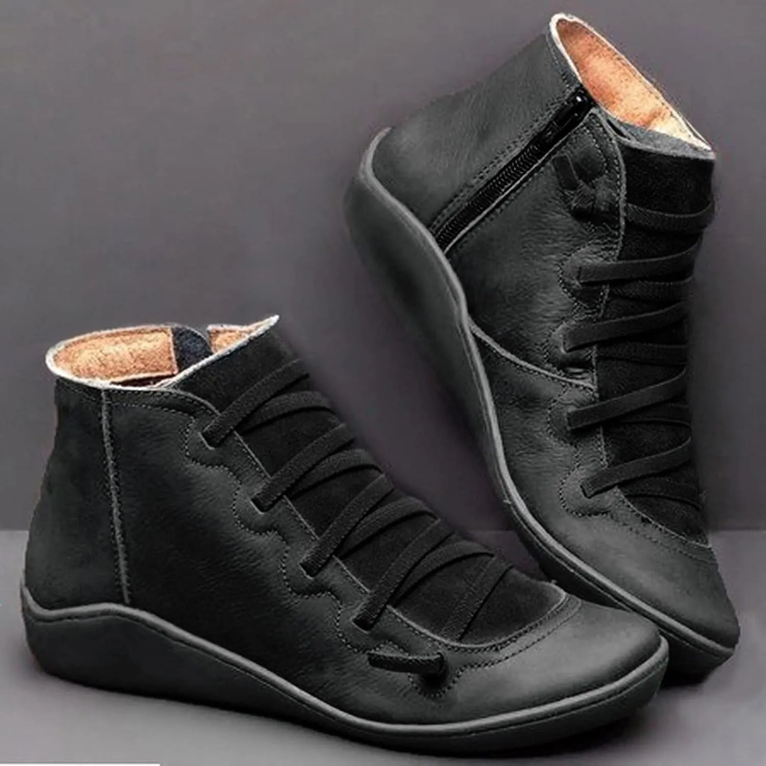 oiangi Leather Boots for Women Casual Retro Round Toe Lace-Up Flat Ankle Booties Side Zipper Plus Size Comfortable Ladies Outdoor Shoe Short Boots