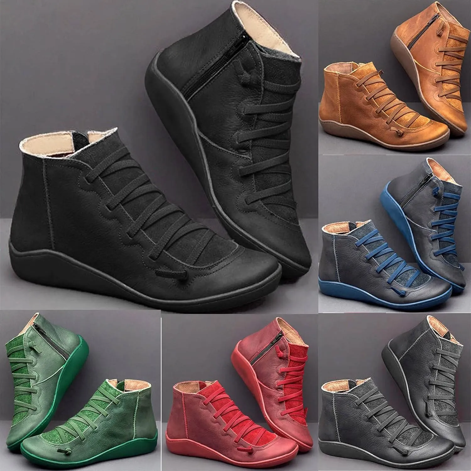 oiangi Leather Boots for Women Casual Retro Round Toe Lace-Up Flat Ankle Booties Side Zipper Plus Size Comfortable Ladies Outdoor Shoe Short Boots