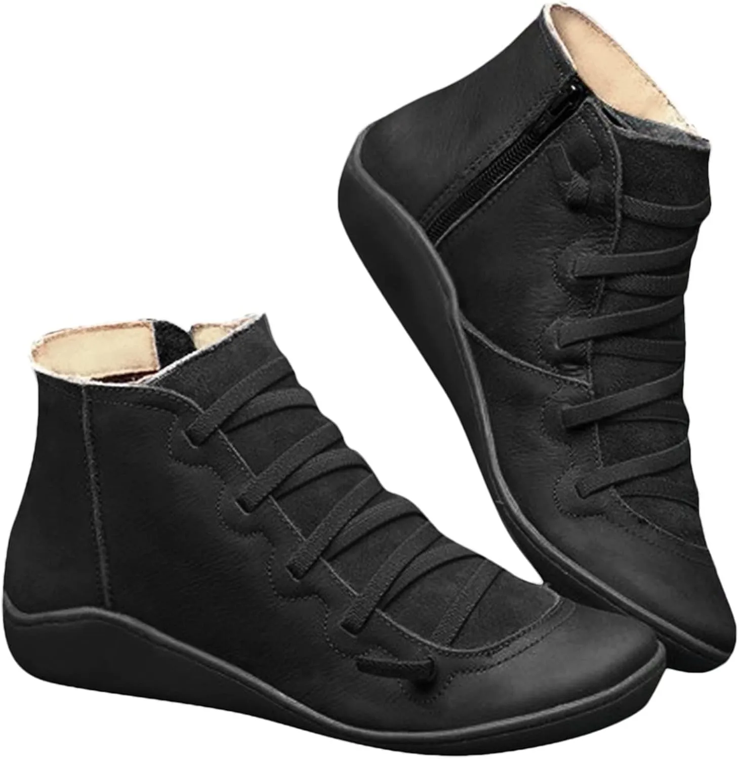 oiangi Leather Boots for Women Casual Retro Round Toe Lace-Up Flat Ankle Booties Side Zipper Plus Size Comfortable Ladies Outdoor Shoe Short Boots