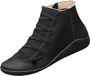 oiangi Leather Boots for Women Casual Retro Round Toe Lace-Up Flat Ankle Booties Side Zipper Plus Size Comfortable Ladies Outdoor Shoe Short Boots