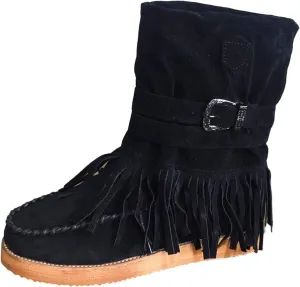 oiangi Women's Ankle Boots & Booties Fashion Tassel Round Toe Buckle Slip On Platform Short Boots Retro Comfortable Casual Fringe Flat Shoes