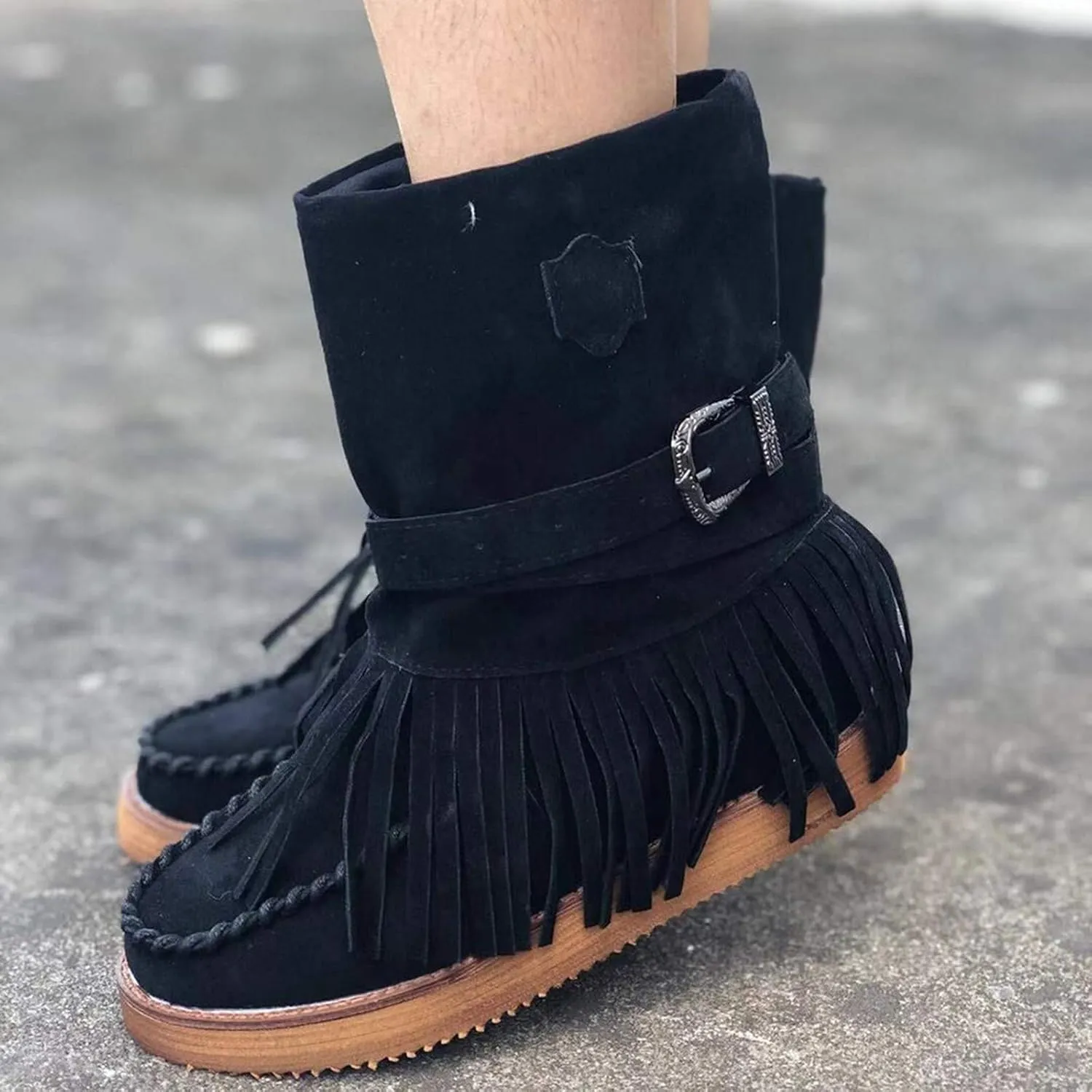oiangi Women's Ankle Boots & Booties Fashion Tassel Round Toe Buckle Slip On Platform Short Boots Retro Comfortable Casual Fringe Flat Shoes