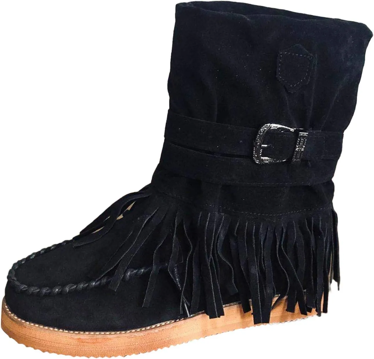 oiangi Women's Ankle Boots & Booties Fashion Tassel Round Toe Buckle Slip On Platform Short Boots Retro Comfortable Casual Fringe Flat Shoes