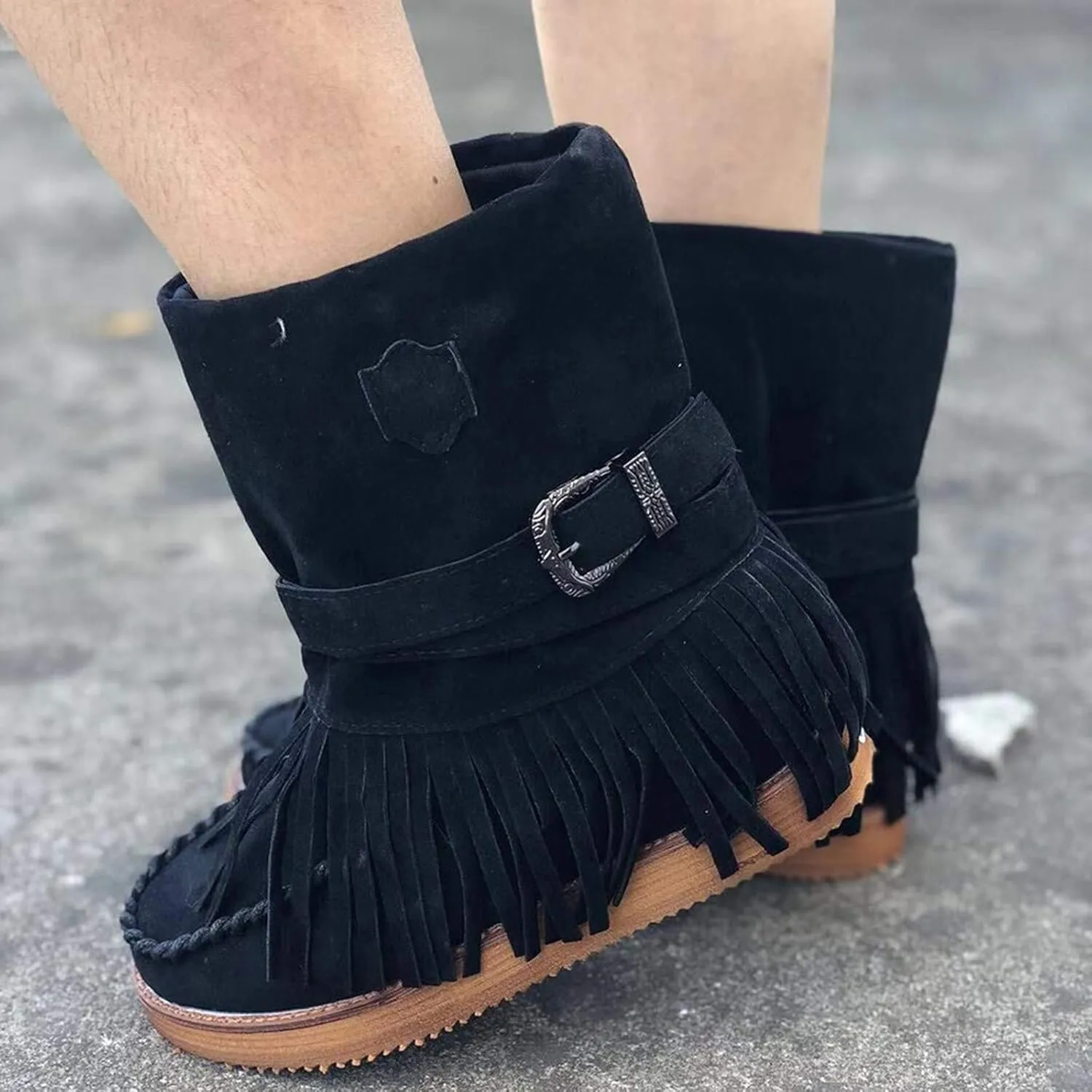 oiangi Women's Ankle Boots & Booties Fashion Tassel Round Toe Buckle Slip On Platform Short Boots Retro Comfortable Casual Fringe Flat Shoes