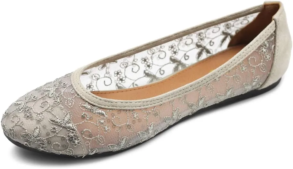 Ollio Women's Shoes Dots or Floral Lace Breathable Round Toe Ballet Flats F123-124