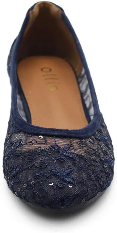 Ollio Women's Shoes Dots or Floral Lace Breathable Round Toe Ballet Flats F123-124