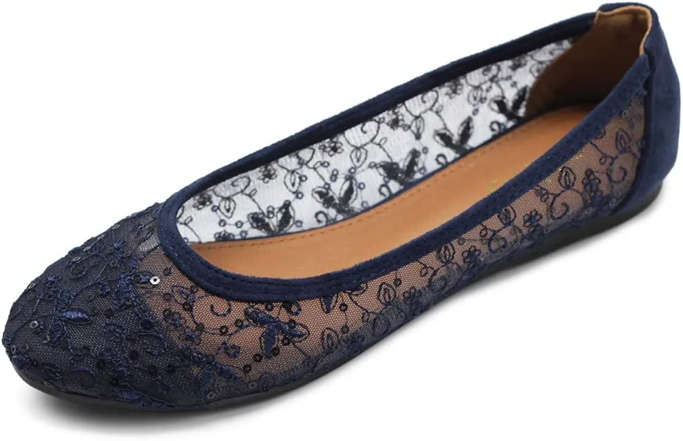 Ollio Women's Shoes Dots or Floral Lace Breathable Round Toe Ballet Flats F123-124