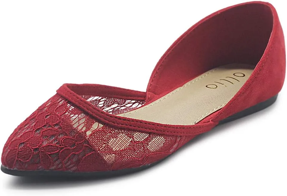 Ollio Women's Shoes Faux Suede Floral Mesh Lace Breathables Pointed Toe Ballet Flats F90