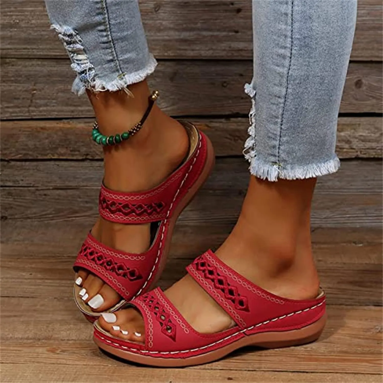 OMIREL Platform Slip on Leather Mules Sandals for Women Wedges Slides Sandals Flatform Open Toe Hollow Out Orthopedic Arch Support Beach Sandals,Red,US6/EU36