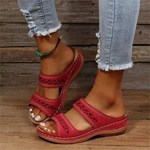 OMIREL Platform Slip on Leather Mules Sandals for Women Wedges Slides Sandals Flatform Open Toe Hollow Out Orthopedic Arch Support Beach Sandals,Red,US6/EU36