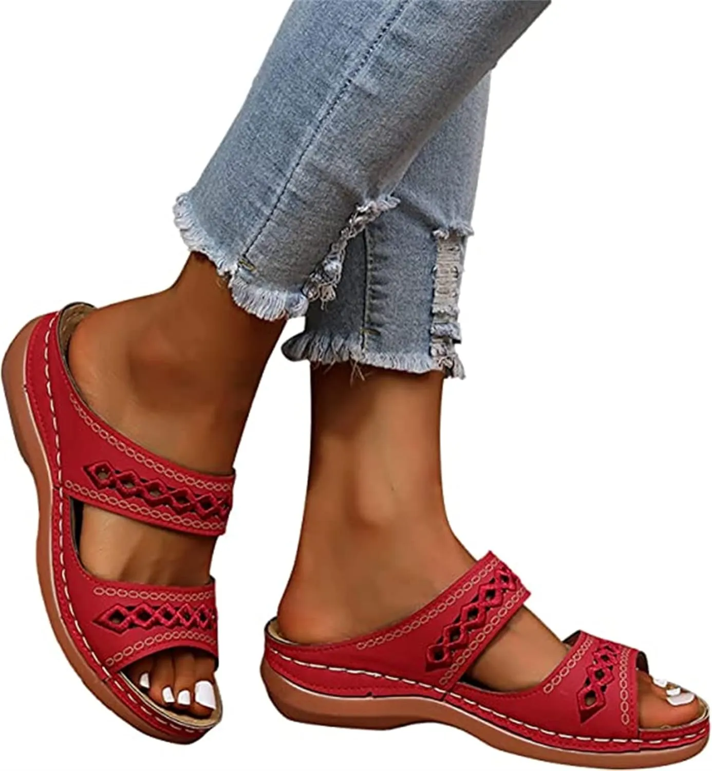 OMIREL Platform Slip on Leather Mules Sandals for Women Wedges Slides Sandals Flatform Open Toe Hollow Out Orthopedic Arch Support Beach Sandals,Red,US6/EU36