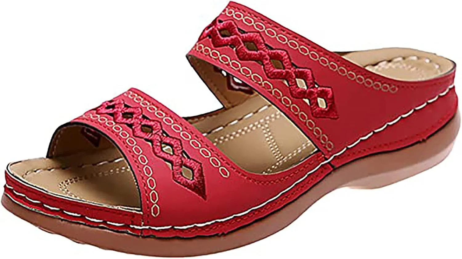OMIREL Platform Slip on Leather Mules Sandals for Women Wedges Slides Sandals Flatform Open Toe Hollow Out Orthopedic Arch Support Beach Sandals,Red,US6/EU36