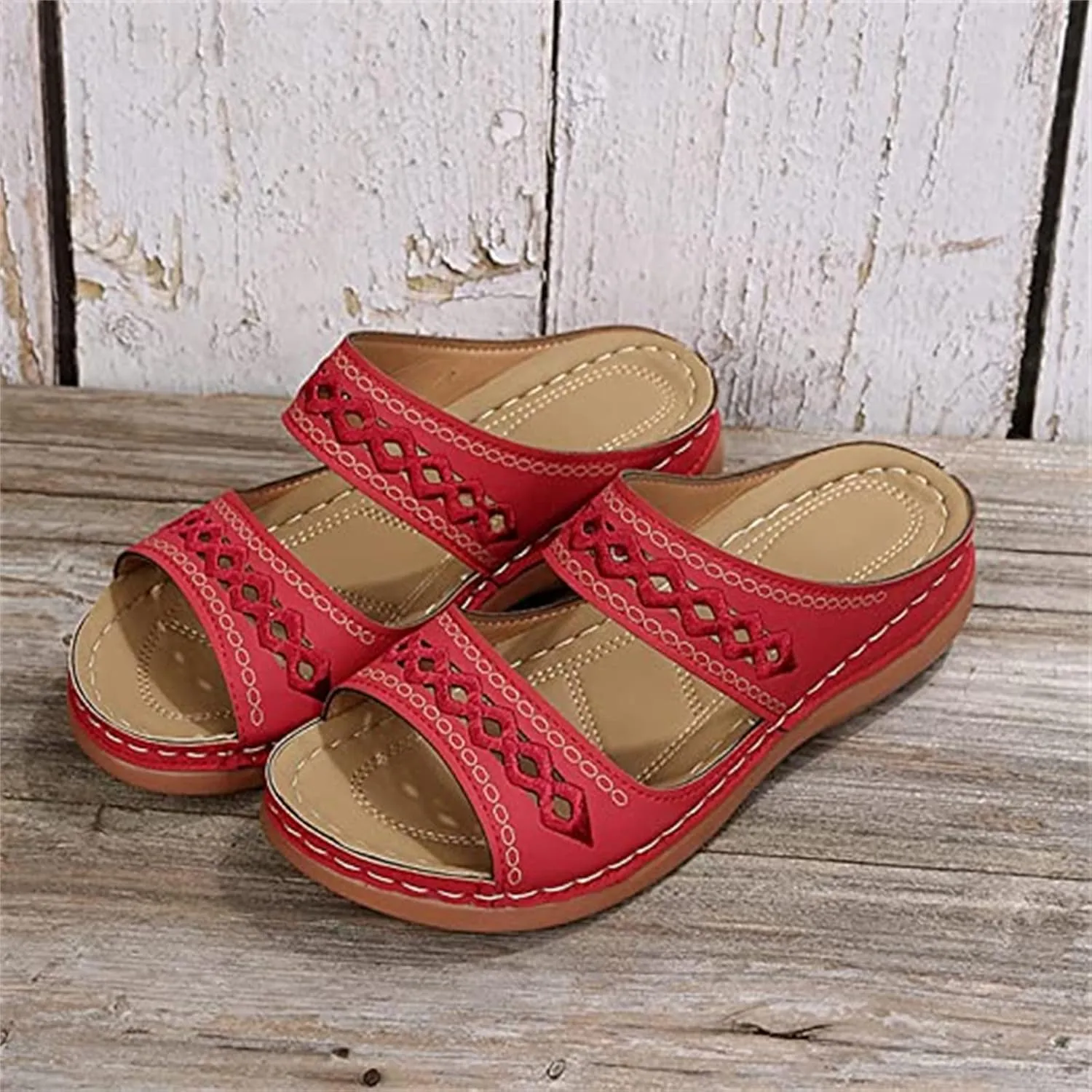 OMIREL Platform Slip on Leather Mules Sandals for Women Wedges Slides Sandals Flatform Open Toe Hollow Out Orthopedic Arch Support Beach Sandals,Red,US6/EU36