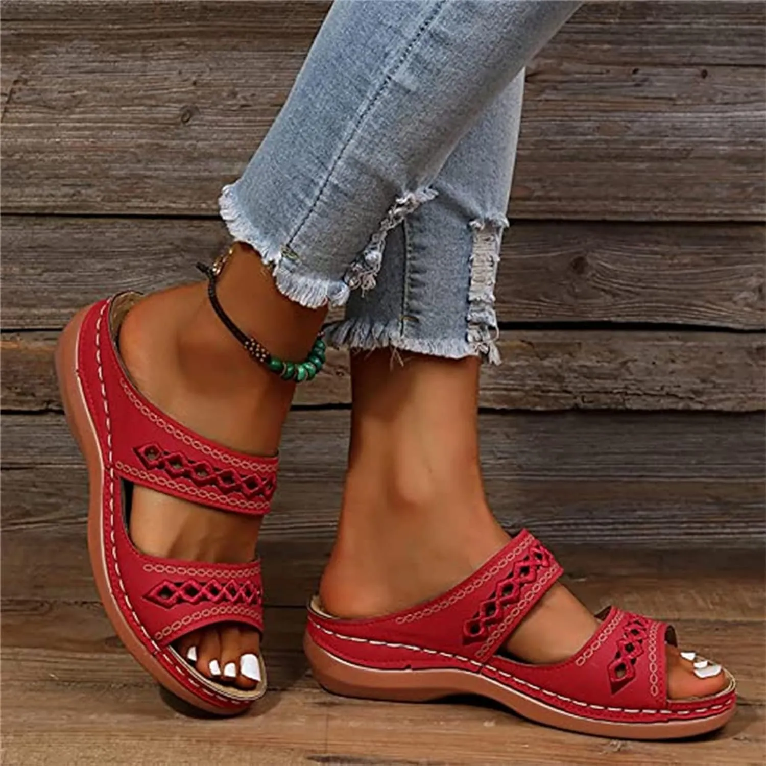 OMIREL Platform Slip on Leather Mules Sandals for Women Wedges Slides Sandals Flatform Open Toe Hollow Out Orthopedic Arch Support Beach Sandals,Red,US6/EU36