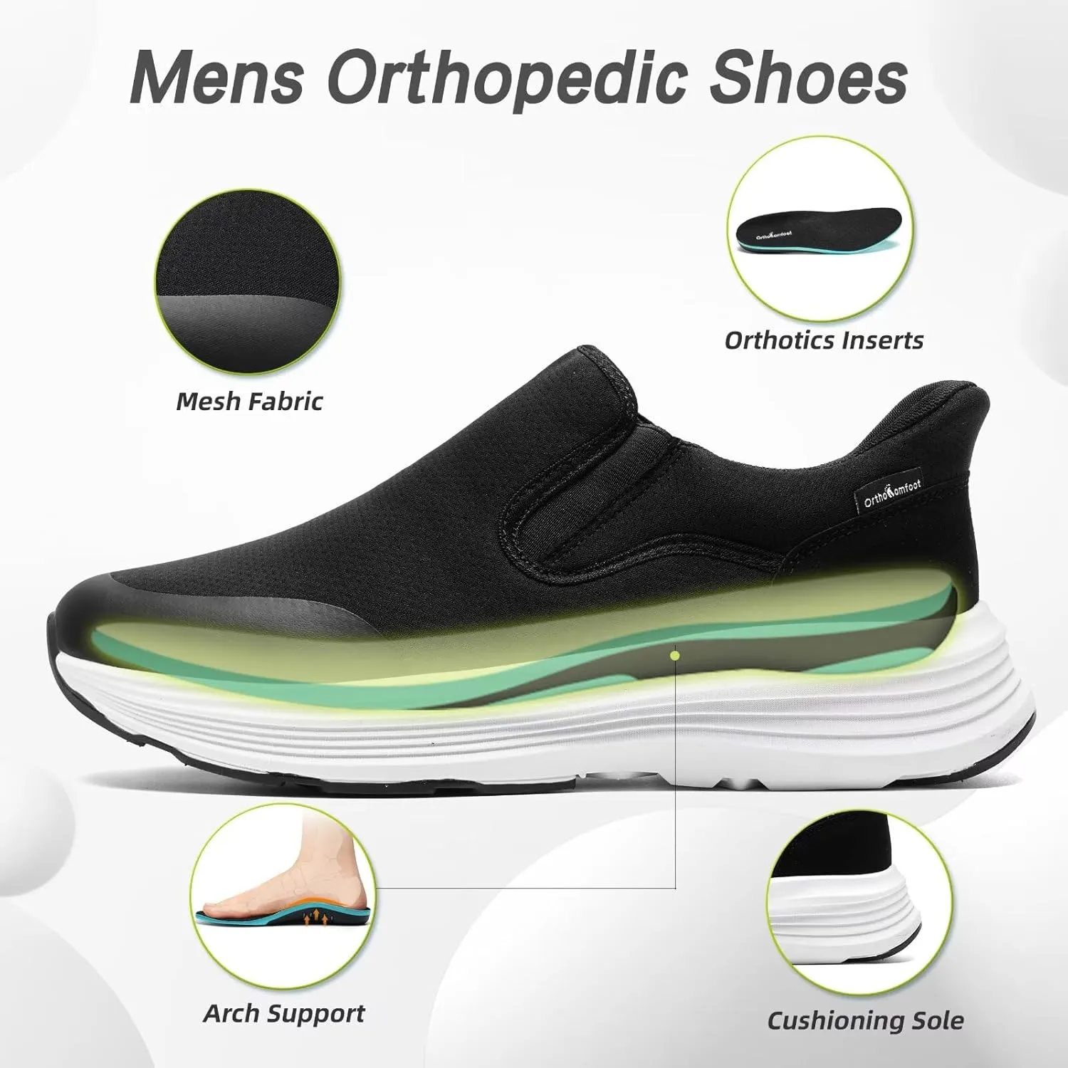 OrthoComfoot Men's Orthopedic Slip On Loafers: Comfortable Casual Arch Support Plantar Fasciitis Walking Shoes, Standing Work Orthotic Thick Sole Shoes for Foot and Heel Pain Relief