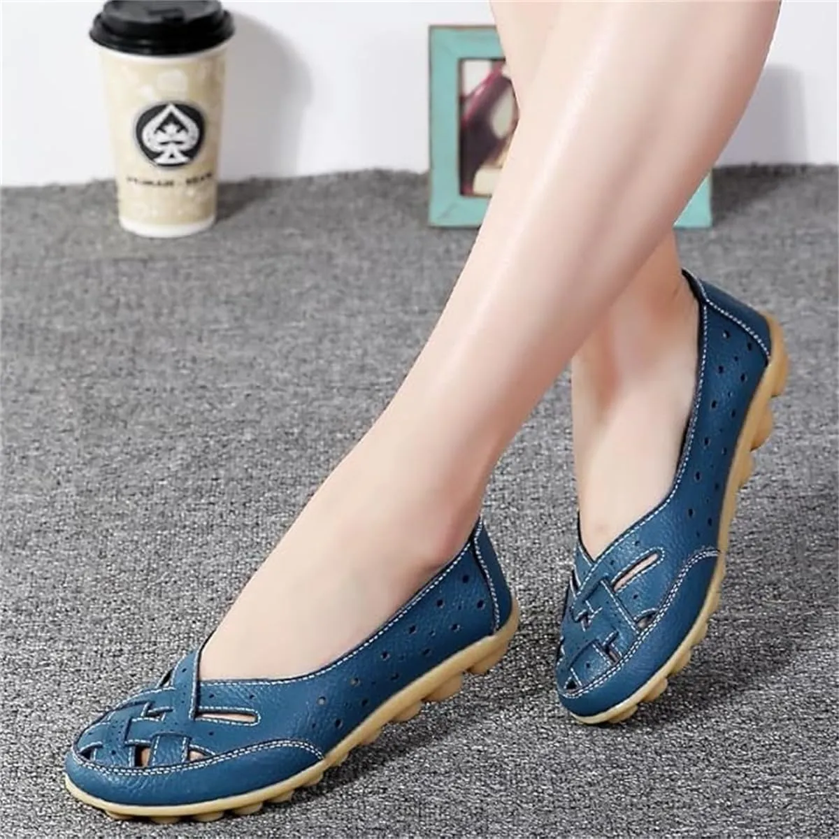 Orthopedic Loafers in Breathable Leather,Womens Casual Soft Sole Hollow Slip On Flat Shoes,Fashion Closed Toe Boat Shoes