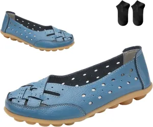Orthopedic Loafers in Breathable Leather,Womens Casual Soft Sole Hollow Slip On Flat Shoes,Fashion Closed Toe Boat Shoes