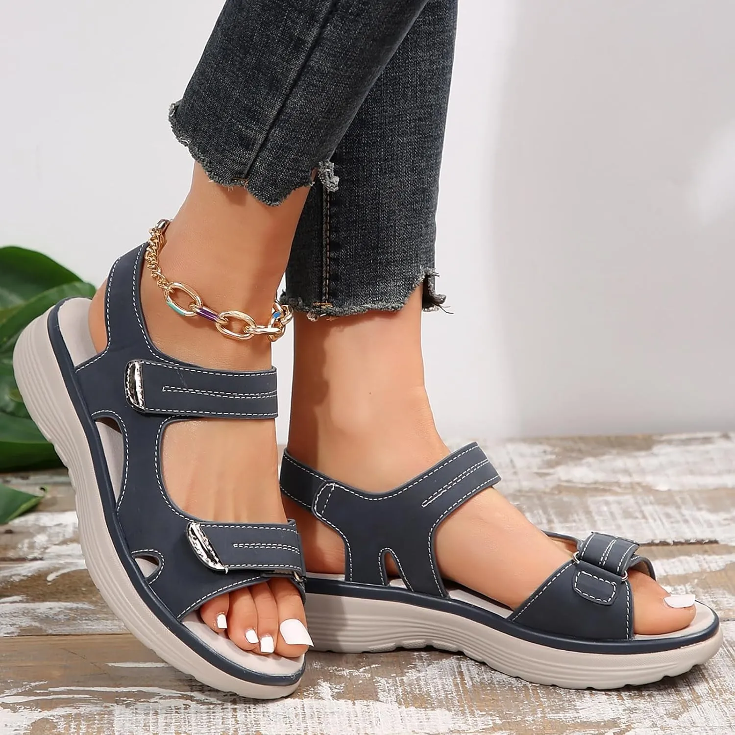 Orthopedic Wide Sandals for Women 2025,Strappy Arch Support Flat Wedge Sandals Walking Sandals Women Open Toe & Ankle Strap Comfortable Platform Slip-On Shoe for Summer Beach, Casual