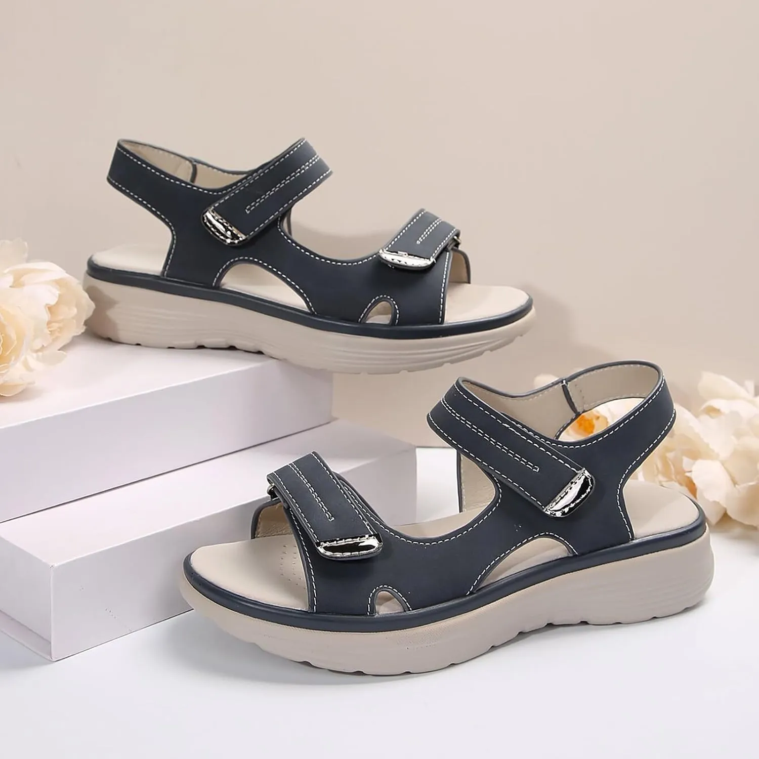 Orthopedic Wide Sandals for Women 2025,Strappy Arch Support Flat Wedge Sandals Walking Sandals Women Open Toe & Ankle Strap Comfortable Platform Slip-On Shoe for Summer Beach, Casual