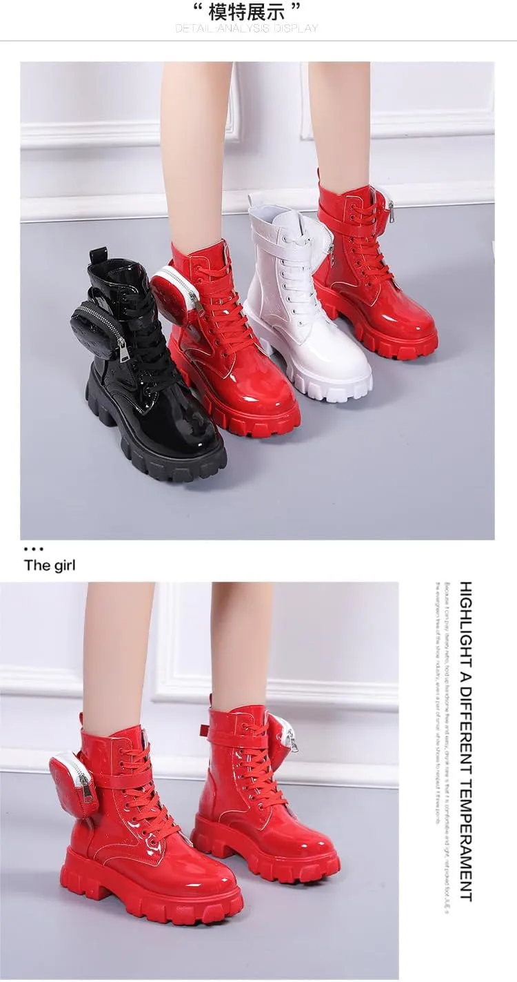 Patent Leather Glossy British Style 2'' Height Bosy Platform Lace Up Mid Calf Fashion Boots for Women Casual Streetwear with 3D Print and Hidden Wallet Pocket
