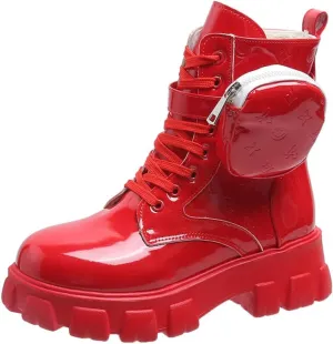 Patent Leather Glossy British Style 2'' Height Bosy Platform Lace Up Mid Calf Fashion Boots for Women Casual Streetwear with 3D Print and Hidden Wallet Pocket