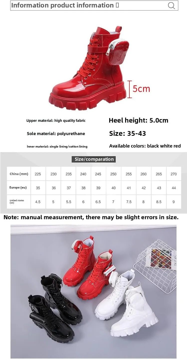 Patent Leather Glossy British Style 2'' Height Bosy Platform Lace Up Mid Calf Fashion Boots for Women Casual Streetwear with 3D Print and Hidden Wallet Pocket