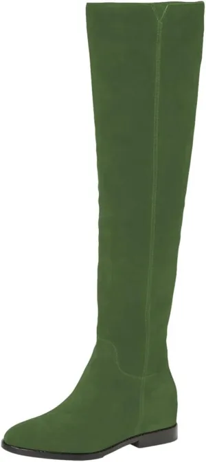 Pazzion Women Almond Toe Knee High Boots Partial Zippers Stretchy Cold Weather Warm Flat Long Boot Dressy Prom Office Shoes Size 4-16 US