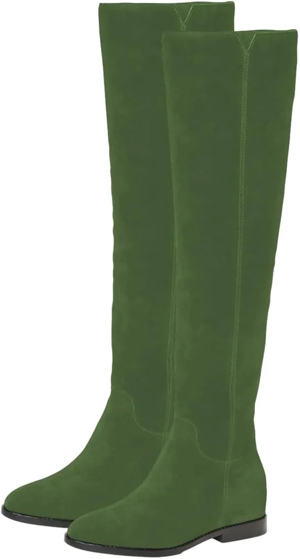 Pazzion Women Almond Toe Knee High Boots Partial Zippers Stretchy Cold Weather Warm Flat Long Boot Dressy Prom Office Shoes Size 4-16 US