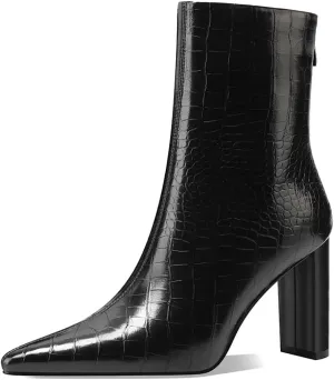 Pazzion Women Vintage Pointed Toe Crocodile Ankle Boots Chunky Block High Heels Zip Up Warm Short Booties Classic Office Dating Shoes Size 4-16 US