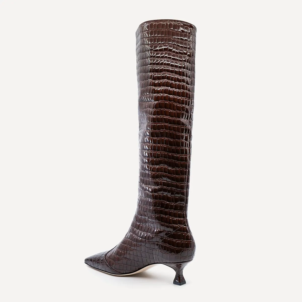 Pazzion Women's Crocodile Print Square Toe Knee High Boots Kitten Low Heel Wide Calf Pull On Tall Booties Chic Outdoor Dress Shoes Size 4-16 US